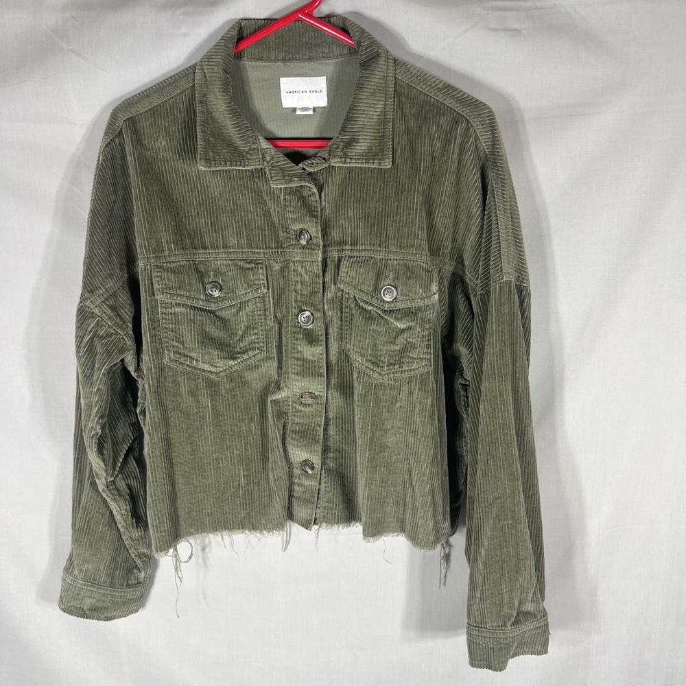 American Eagle Corduroy Jacket Womens Medium Olive Green Cropped Raw Hem